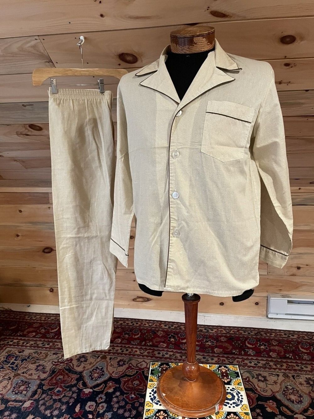 NEW Vintage Hampton Permanent Press BEIGE Check Pajamas 2 Piece Set Size XL
